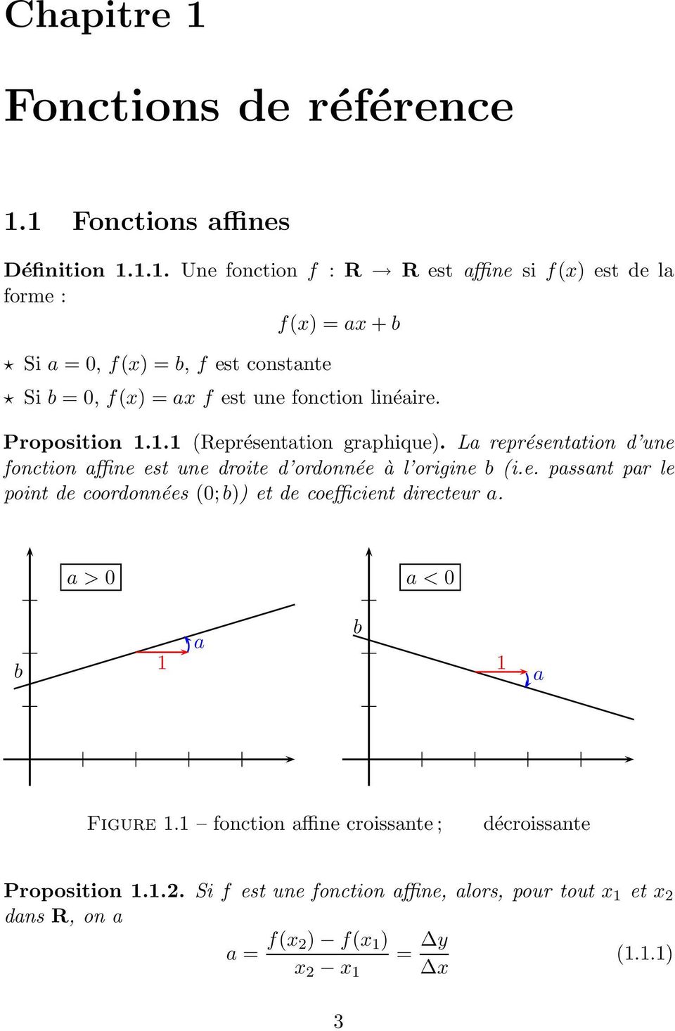 1 Fonctions affines Définition 1.1.1. Une fonction f : R R est affine si f(x) est de la forme : f(x) = ax + b Si a = 0, f(x) = b, f est constante Si b = 0, f(x) = ax f est une fonction linéaire.
