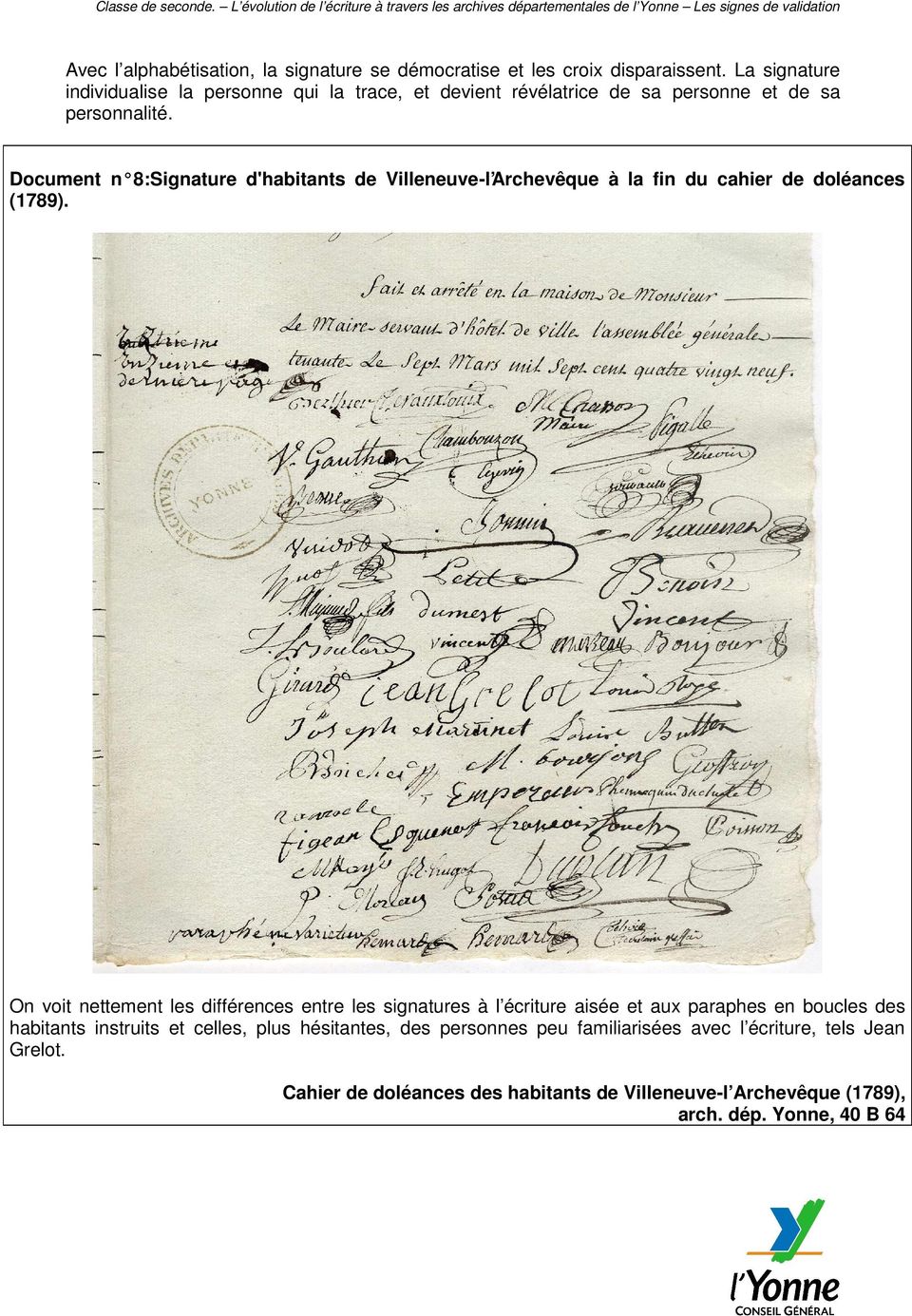 Document n 8:Signature d'habitants de Villeneuve-l Archevêque à la fin du cahier de doléances (1789).