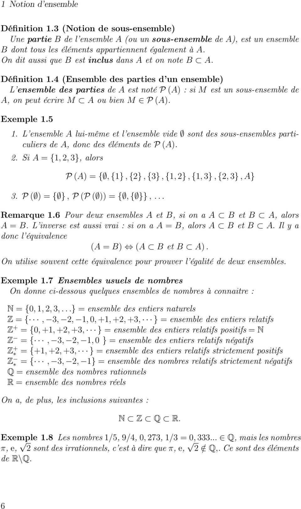 4 (Ensemble des parties d un ensemble) L ensemble des parties de A est noté P (A) : si M est un sous-ensemble de A, on peut écrire M A ou bien M P (A). Exemple 1.5 1.