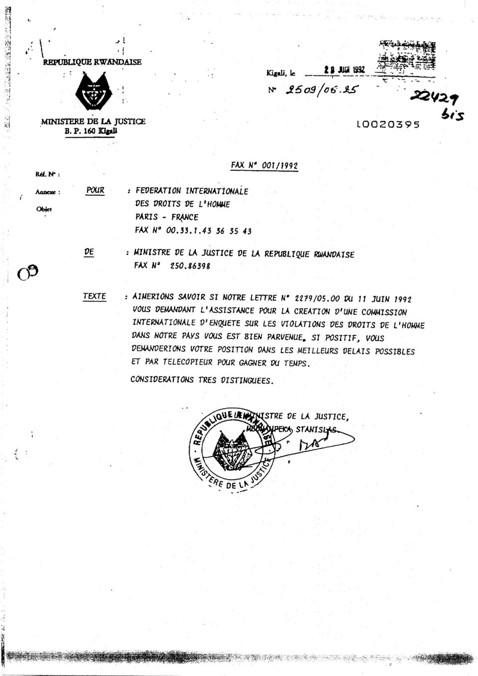 TUIN 1992 VOUS OEMAJVOANT LIASSISTANCE POUR LA C EATION OtUNE COMMISSION INTERNATIONALE D EN~AJETE SUR LES VIOLATIOI~S DES