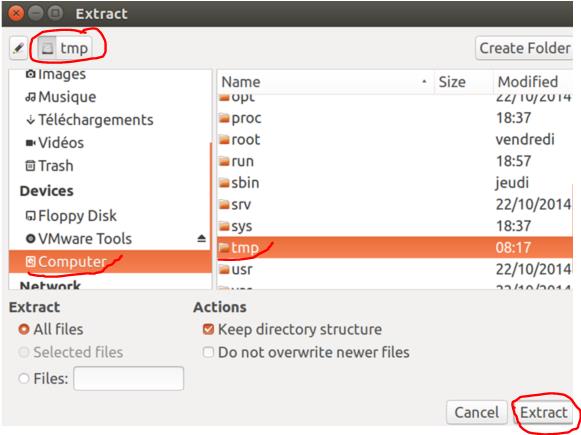 2. A l aide de l interface graphique Dans l explorateur de fichiers de GNU/Linux : Sélectionner le lecteur CD Clic droit sur le fichier VMwareTools*.tar.