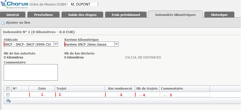 L écran suivant apparaît :. Le barème kilométrique devra toujours faire apparaître «Barème SNCF 2 ième classe».