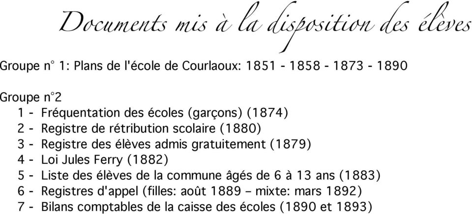admis gratuitement (1879) 4 - Loi Jules Ferry (1882) 5 - Liste des élèves de la commune âgés de 6 à 13 ans (1883) 6