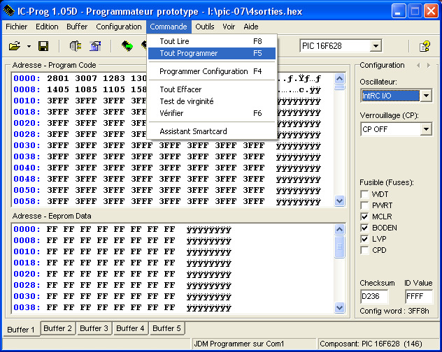Vérifier que la configuration des fusibles correspond à celle de la compilation du programme dans MP Lab, puis choisir Commande/ Tout programmer.