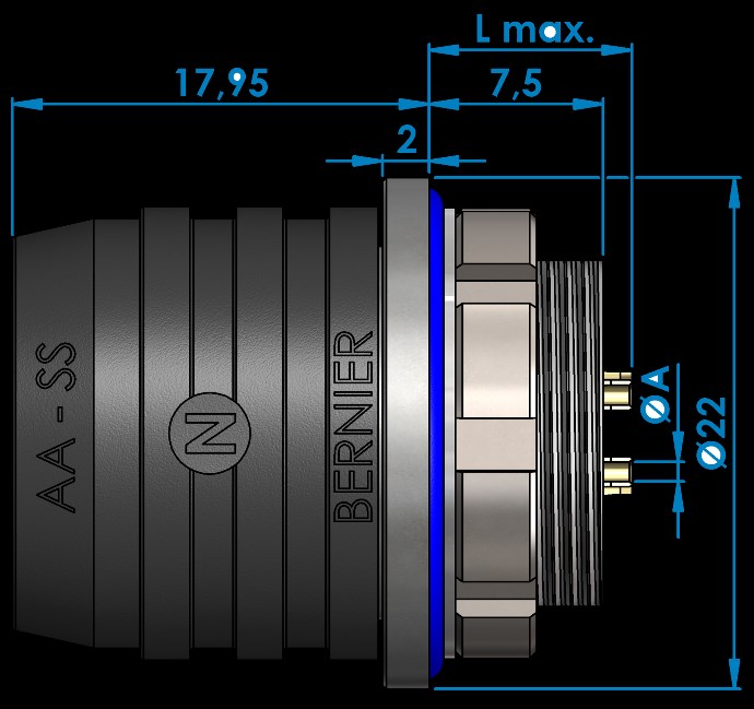 Fiches de panneau Type 18 Version Largable SC Sans verrouillage avec contacts fûts à souder Nombre de Contacts ΦA L max 04 AWG 18 8.9 06 (2 contacts) AWG 18 8.