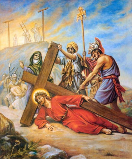 10 Jésus tombe pour la troisième fois Épuisé, Jésus tombe une troisième fois. Sainte Mère du Sauveur, les mérites de votre Divin Fils sont inépuisables.