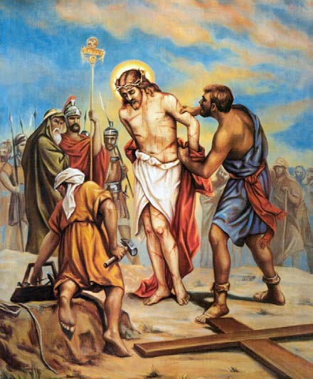 11 Jésus est dépouillé de ses vêtements Les bourreaux arrachent à Jésus ses vêtements, que le sang a collé sur sa chair déchirée, et ravivent toutes ses douleurs.