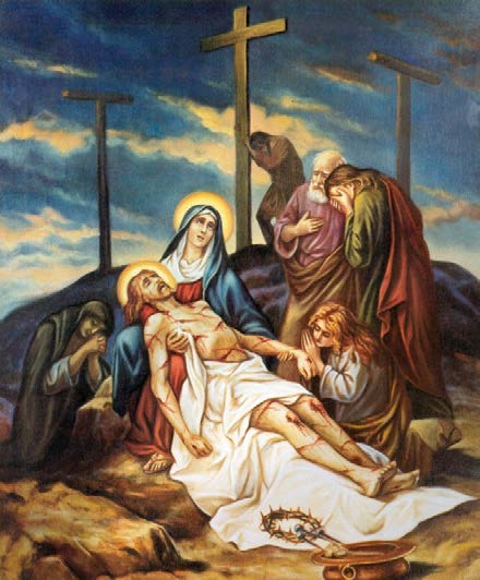 14 Jésus est descendu de la croix et remis dans les bras de sa Mère Joseph et Nicodème descendent de la Croix le corps adorable de Jésus et le remettent pieusement
