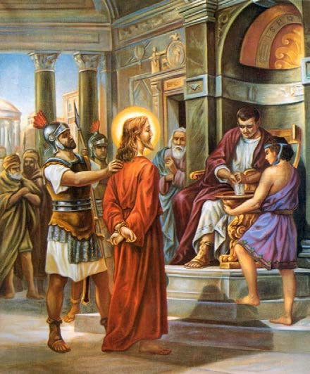 2 Jésus est condamné à mort Pilate après avoir proclamé cinq fois l'innocence de Notre Seigneur, le livre aux juifs pour être crucifié.