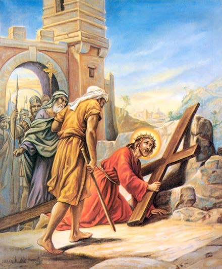 4 Jésus tombe sous la Croix pour la première fois Dans cette première chute, les bourreaux ajoutent leurs injures et leurs coups aux tortures de la flagellation et du couronnement