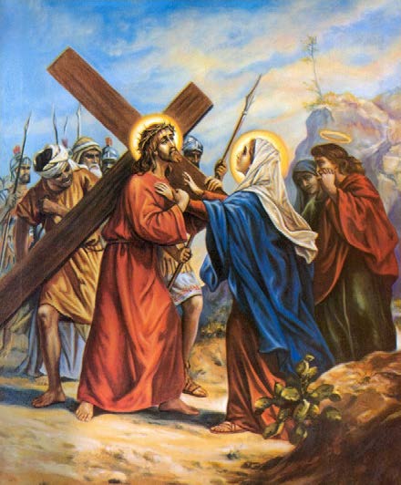 5 Jésus rencontre sa Très Sainte Mère La compassion mutuelle de Jésus et de Marie redouble leur douleur.