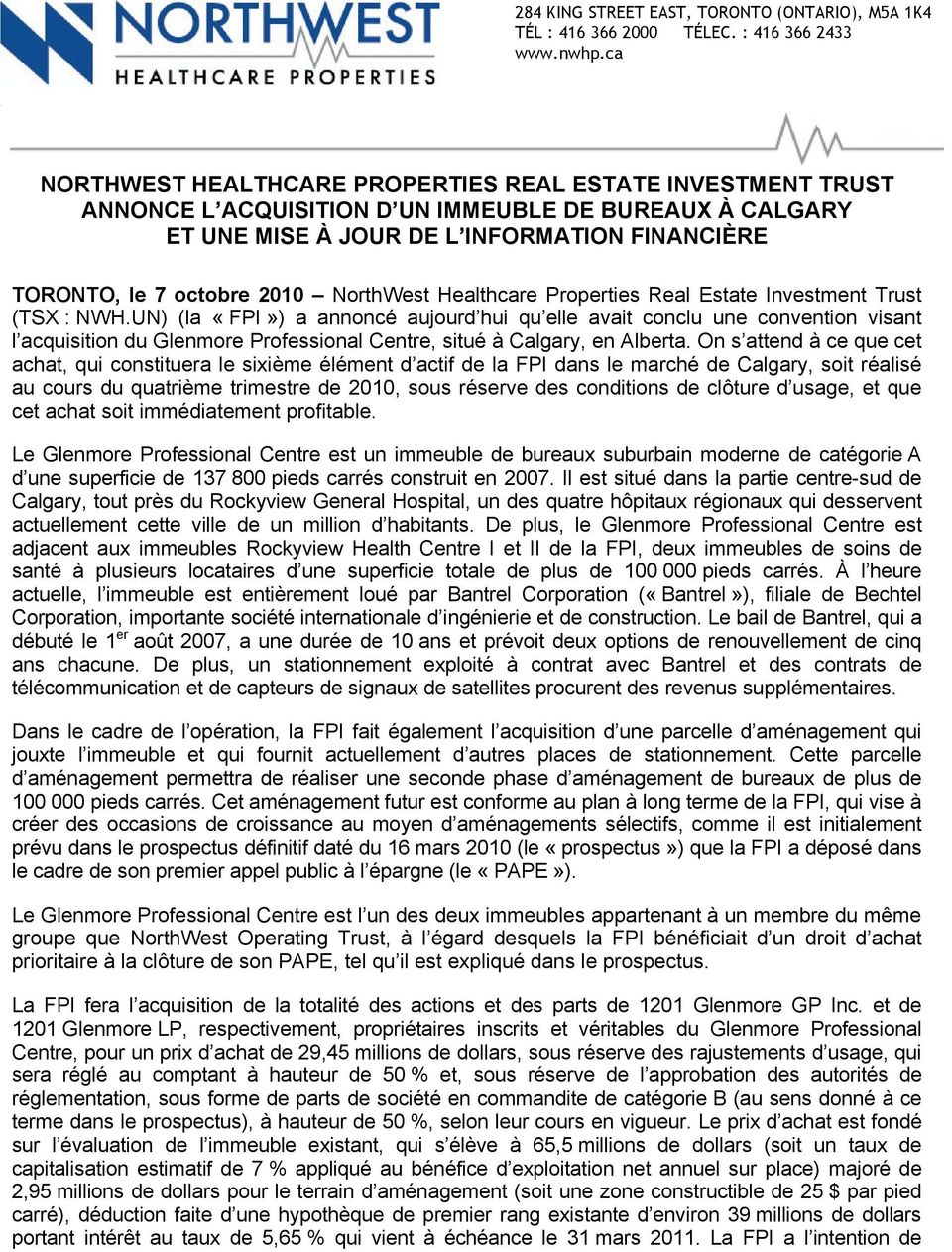 NorthWest Healthcare Properties Real Estate Investment Trust (TSX : NWH.