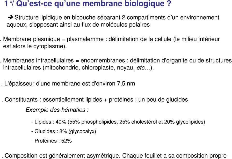 . Membranes intracellulaires = endomembranes : délimitation d organite ou de structures intracellulaires (mitochondrie, chloroplaste, noyau, etc ).