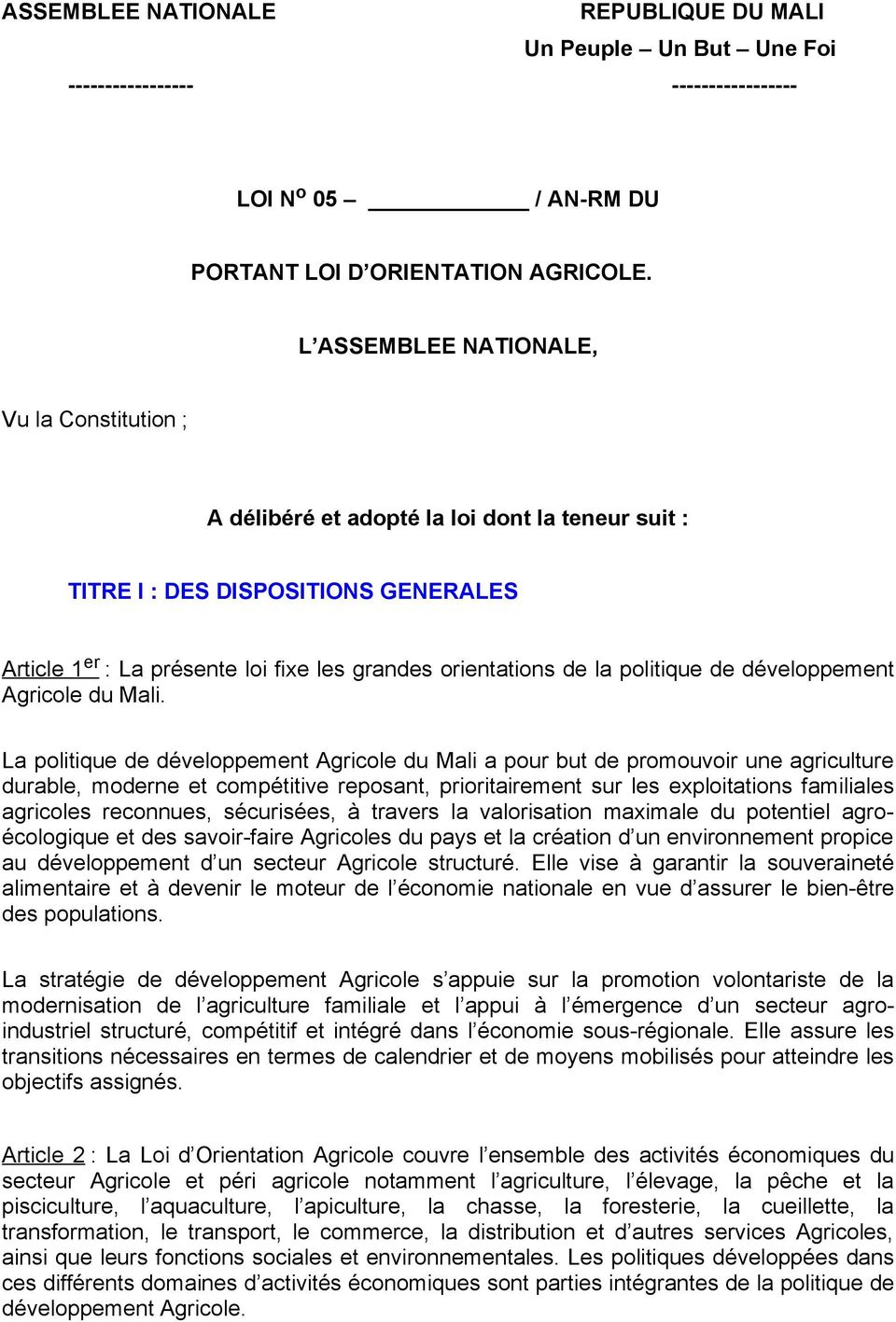 politique de développement Agricole du Mali.