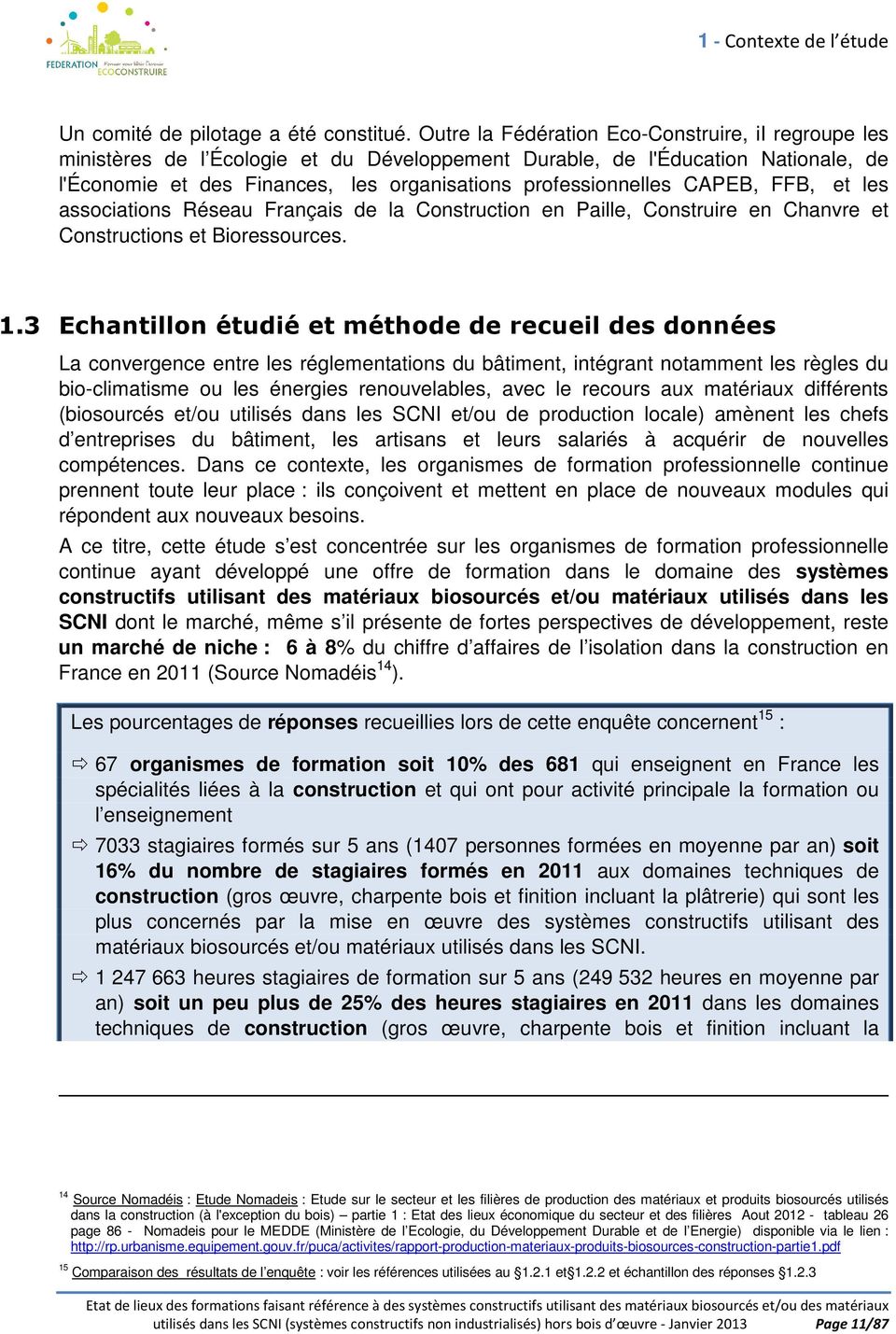 CAPEB, FFB, et les associations Réseau Français de la Construction en Paille, Construire en Chanvre et Constructions et Bioressources. 1.