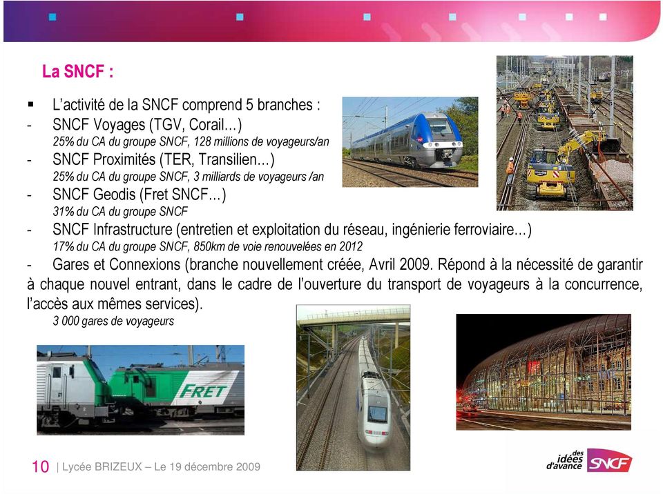 du réseau, ingénierie ferroviaire ) 17% du CA du groupe SNCF, 850km de voie renouvelées en 2012 - Gares et Connexions (branche nouvellement créée, Avril 2009.