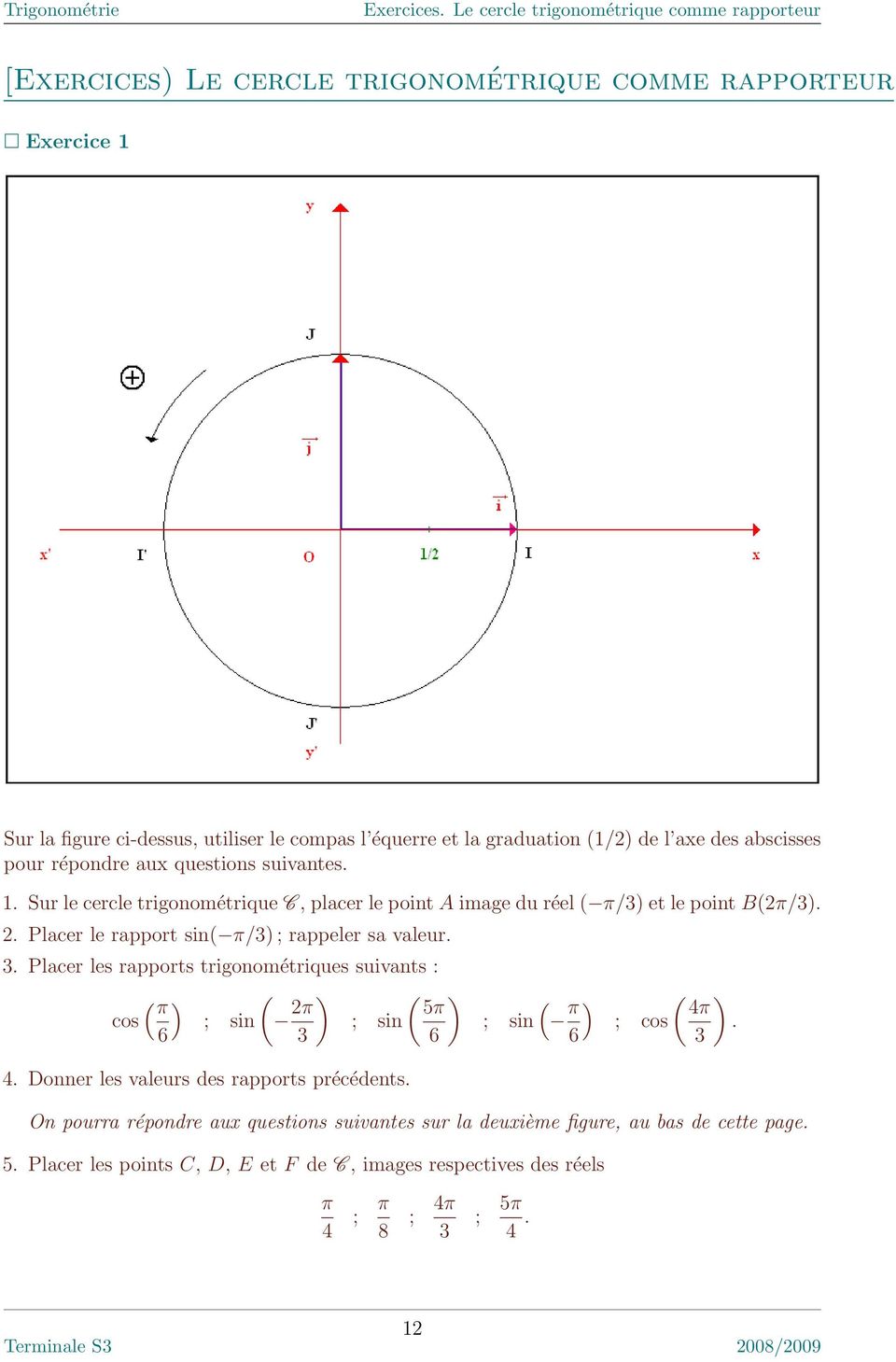 des abscisses pour répondre aux questions suivantes. 1. Sur le cercle trigonométrique C, placer le point A image du réel ( π/3) et le point B(2π/3). 2.