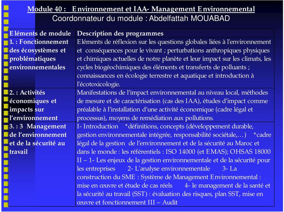 : 3 Management de l environnement et de la sécurité au travail Description des programmes Eléments de réflexion sur les questions globales liées à l'environnement et conséquences pour le vivant ;