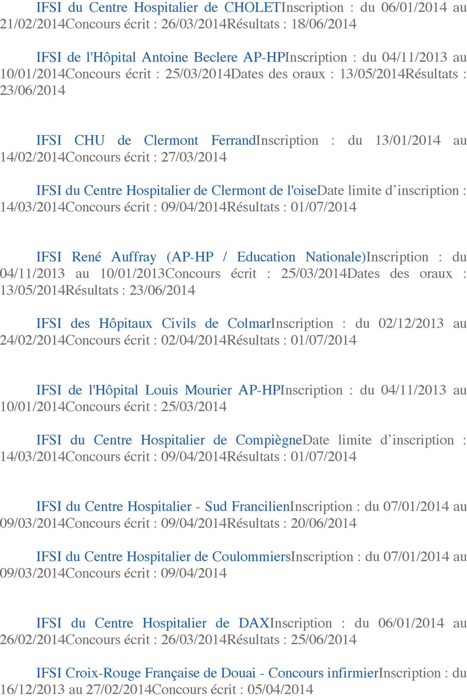 Hospitalier de Clermont de l'oisedate limite d inscription : 14/03/2014Concours écrit : 09/04/2014Résultats : 01/07/2014 IFSI René Auffray (AP-HP / Education Nationale)Inscription : du 04/11/2013 au