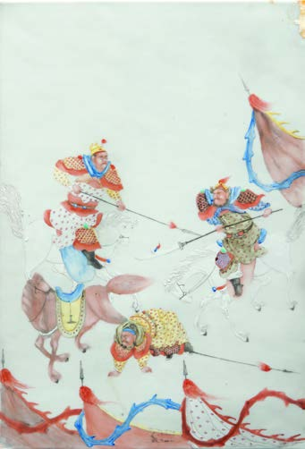 48 47 - Plaque en porcelaine polychrome Chine, début du XXème siècle. A décor de cavaliers en armes et leurs chevaux et d étendards. Petits éclats et légère restauration en haut à droite. 38 x 24.