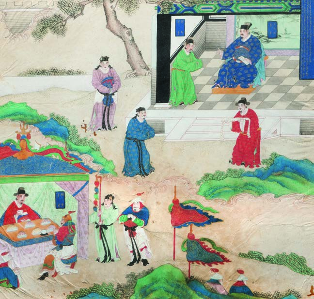 162 - Peinture «Sanguo Yanyi» à l encre et couleurs sur papier, encadrée Chine, dynastie Qing, XVIIIème siècle Dépeignant des scènes d audiences politiques et militaires, dans une tente à baldaquins,