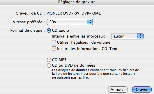 Cliquer sur «graver le disque» à ce moment apparaît la fenêtre suivante : o choisir «cd audio»