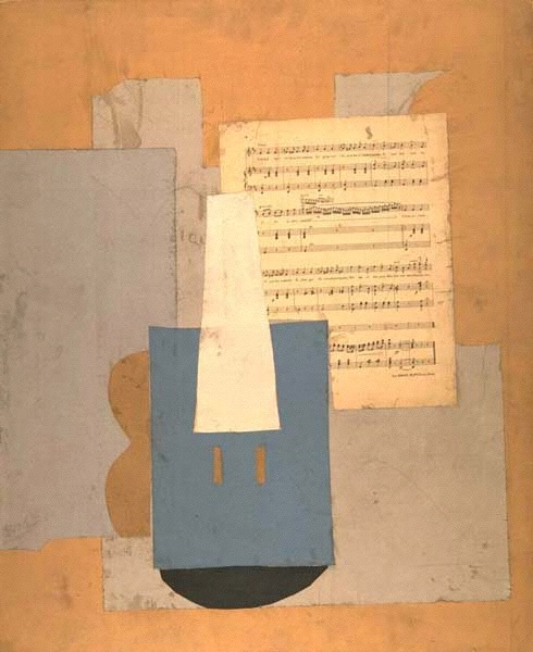 Pablo Picasso Violon et feuille de musique 1912 Papier collé Papiers vergés de couleur, papier vélin blanc imprimé d'une