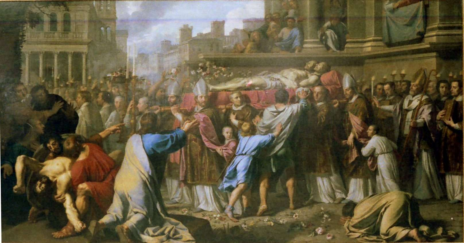 220- La Translation des corps 220des saints Gervais et Protais 1658-61 Huile sur toile / Format : 363x681 cm. Localisation Musée du Louvre.