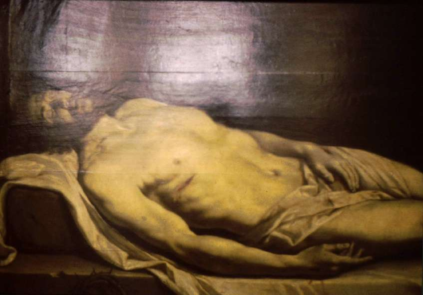 Catalogue 5- PERIODE LOUIS XIV 223- Le Christ mort étendu sur son linceul 1661 Huile sur bois / Format : 95x160 cm. Localisation : église Saint-Médard, Paris.