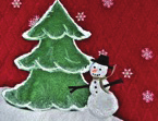 12. Broder à la main des flocons de neige avec du fil blanc. (Voir l image 5.) 13. Avec la peinture à tissu noir, embellir le bonhomme de neige en ajoutant les yeux, la bouche et les boutons. 14.
