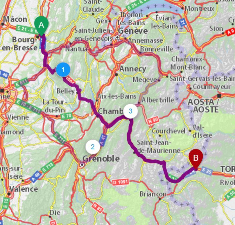 Jour 2 5 juillet 2017 Bourg-en Bresse (F) Susa (I) Petit déjeuner et départ de Bourg-en-Bresse à 8h00 8h de route sur la journée pour 270km (sans autoroutes) Ravitaillement