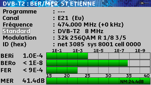 10.2 DVB-T2 (STM47) TUNER DEMODULATEUR LDPC BCH DECODAGE MPEG BERi BERo PER Affichage des mesures de : BERi : taux d erreur avant LDPC BERo : taux d erreur après LDPC PER : taux d erreur après BCH