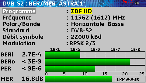 10.4 DVB-S2 (SM08-STM45-STM47) TM06-SM08-STM45-STM47 TUNER DEMODULATEUR LDPC BCH DECODAGE MPEG BERi BERo PER Affichage des mesures de : BERi : taux d erreur avant LDPC BERo : taux d erreur après LDPC
