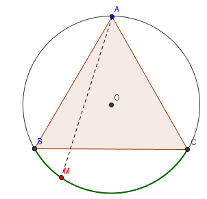 Soit E l ensemble des point du cercle C tels que AM > L E car A E (en effet AA = 2R > L) Montrons que E est l arc de cercle BC ne contenant pas le point A. On a B E et C E car AB = AC = L.