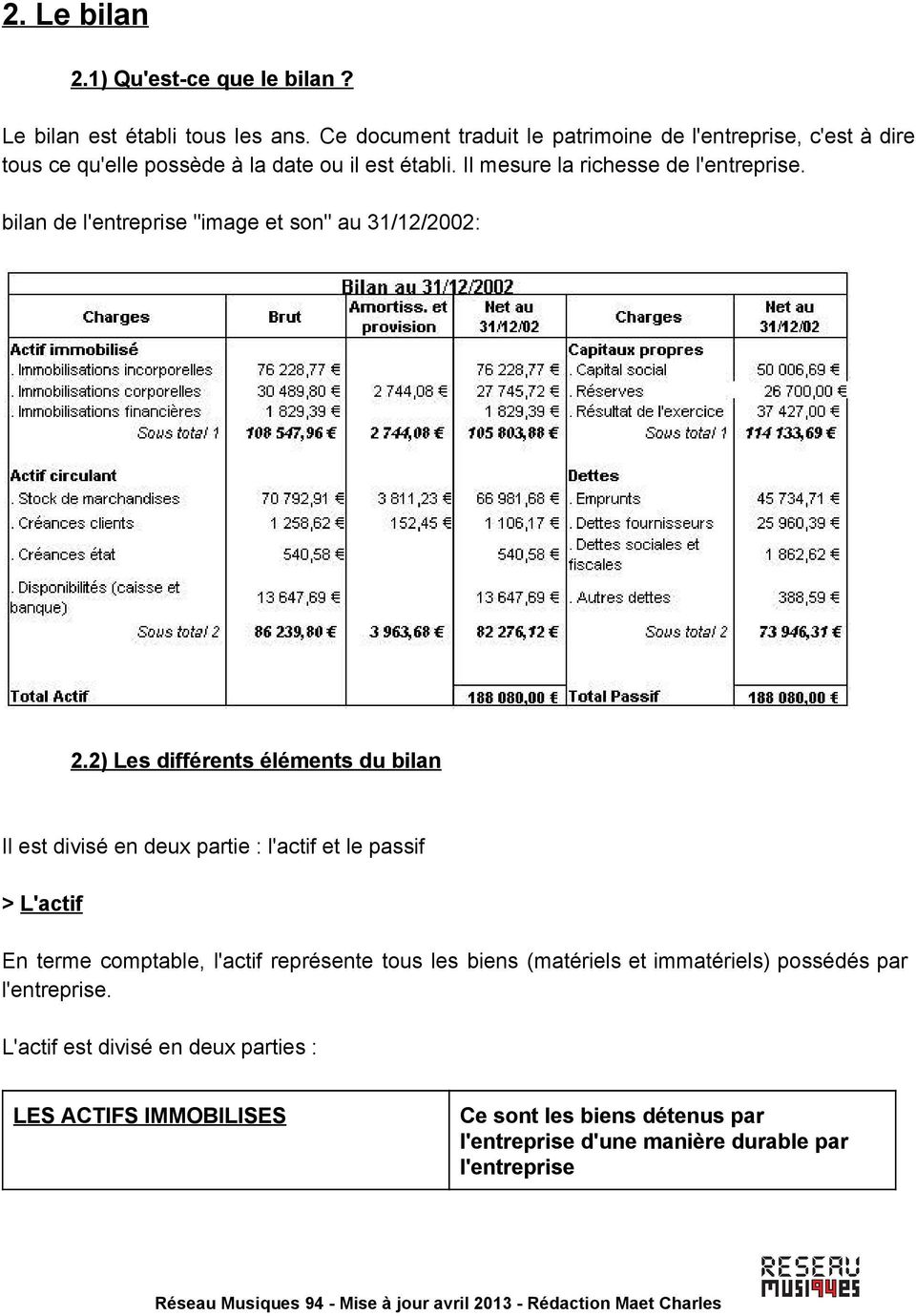 bilan de l'entreprise "image et son" au 31/12/2002: 2.