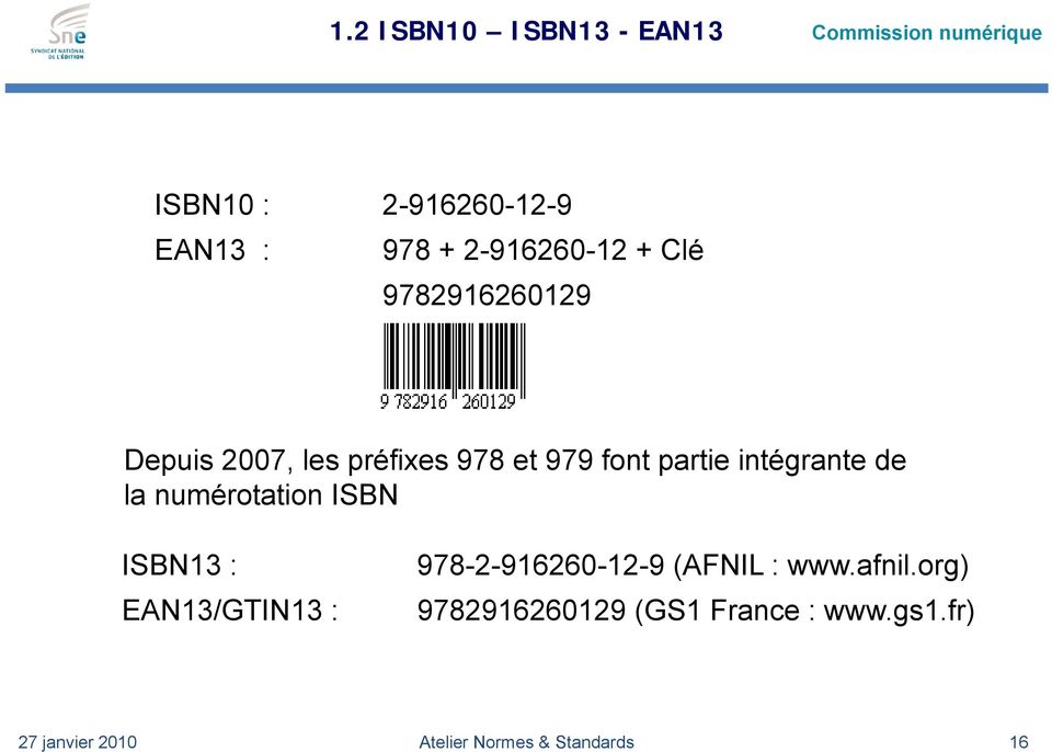 numérotation ISBN ISBN13 : EAN13/GTIN13 : 978-2-916260-12-9 (AFNIL : www.afnil.