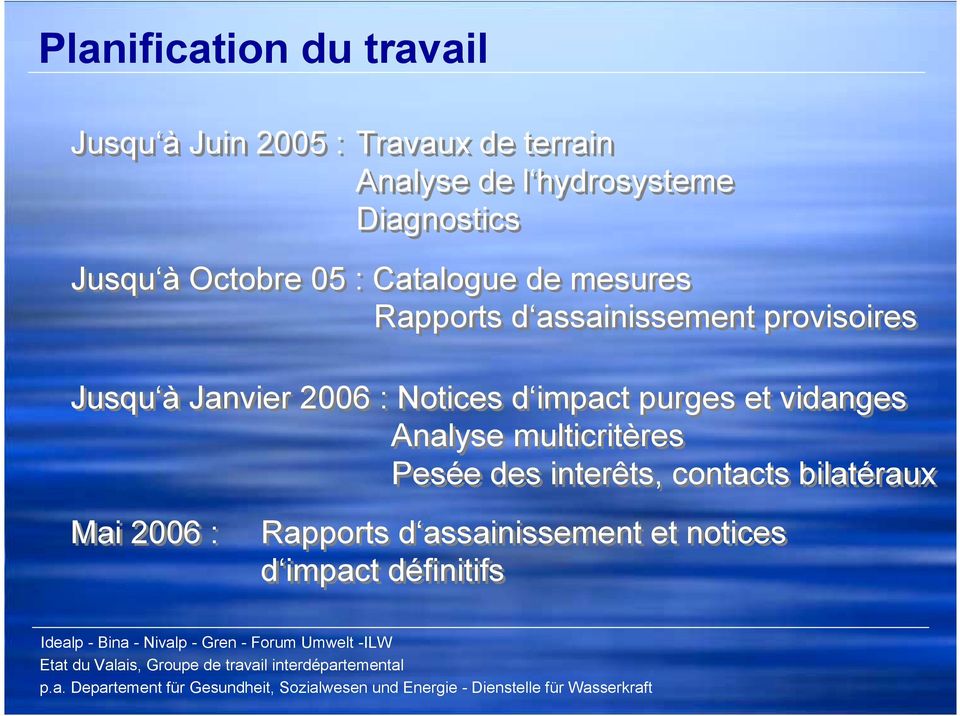 multicritères Pesée des interêts, contacts bilatéraux Mai 2006 : Rapports d assainissement et notices d impact définitifs
