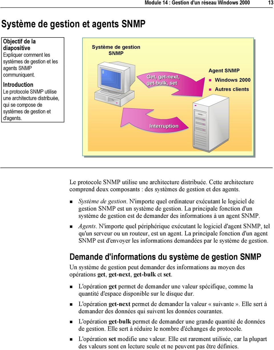 Windows 2000! Autres clients Le protocole SNMP utilise une architecture distribuée. Cette architecture comprend deux composants : des systèmes de gestion et des agents.!" Système de gestion.