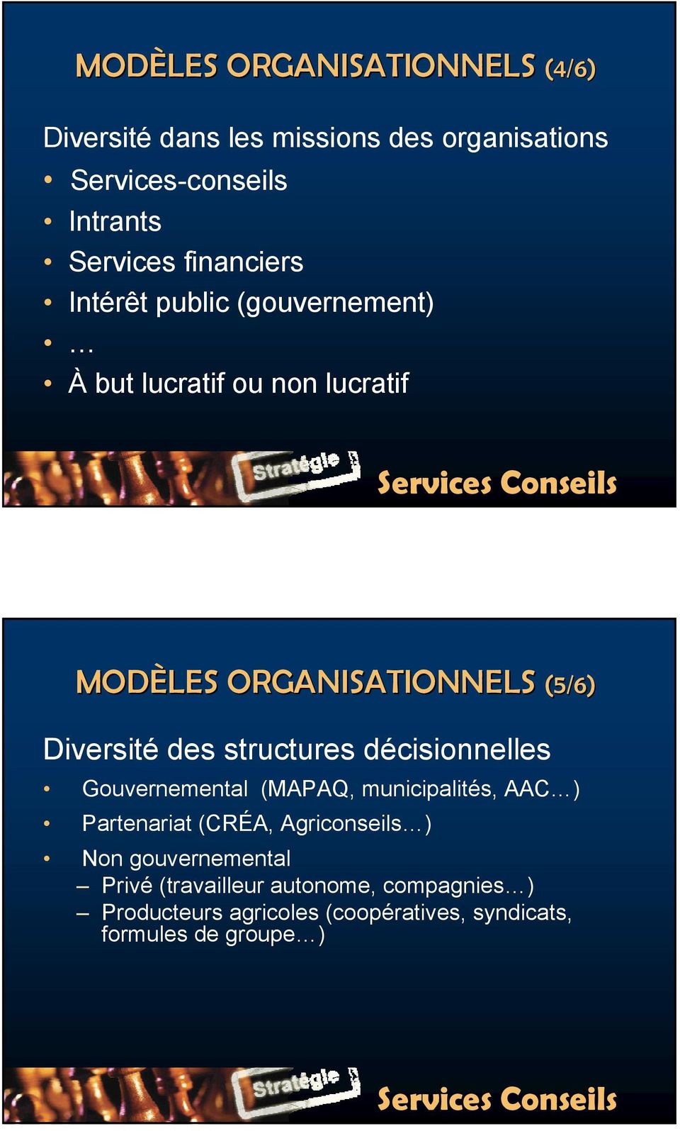 des structures décisionnelles Gouvernemental (MAPAQ, municipalités, AAC ) Partenariat (CRÉA, Agriconseils ) Non