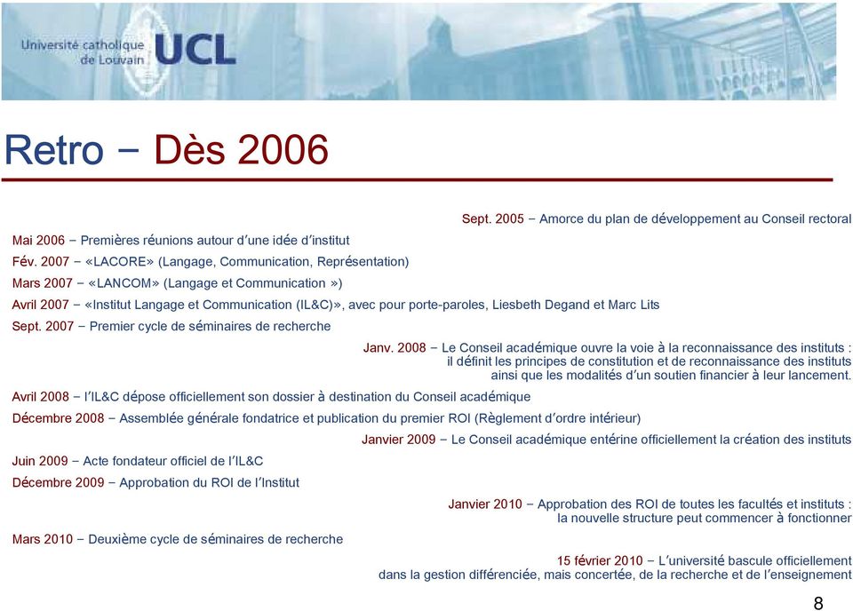 2007 Premier cycle de séminaires de recherche Avril 2008 l IL&C dépose officiellement son dossier à destination du Conseil académique Janv.