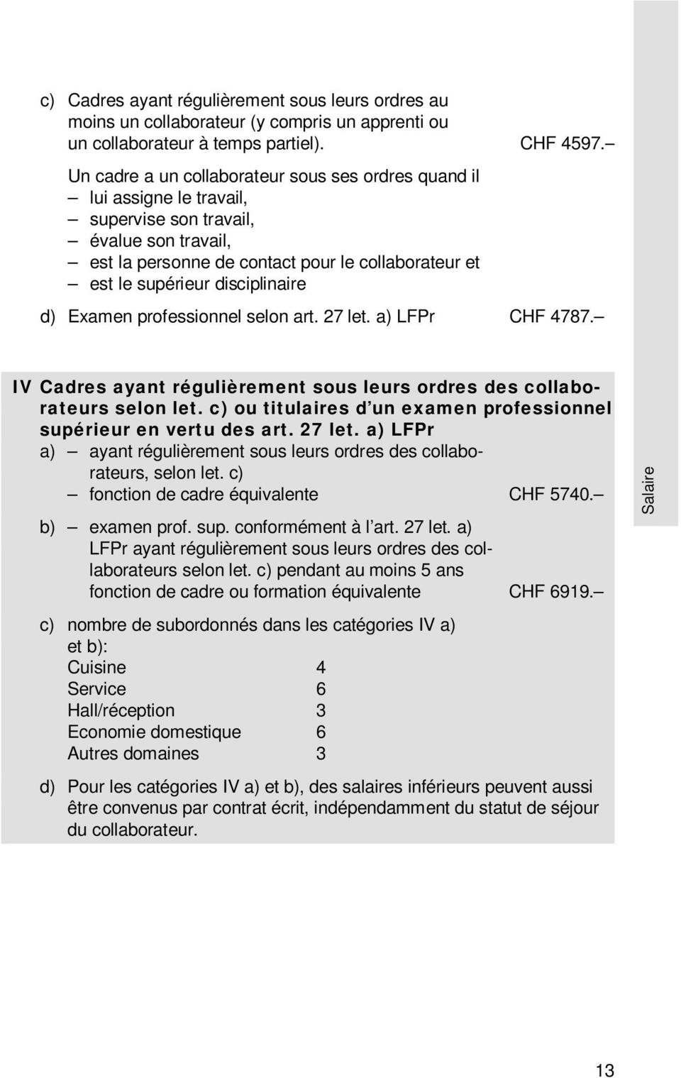 disciplinaire d) Examen professionnel selon art. 27 let. a) LFPr CHF 4787. IV Cadres ayant régulièrement sous leurs ordres des collaborateurs selon let.