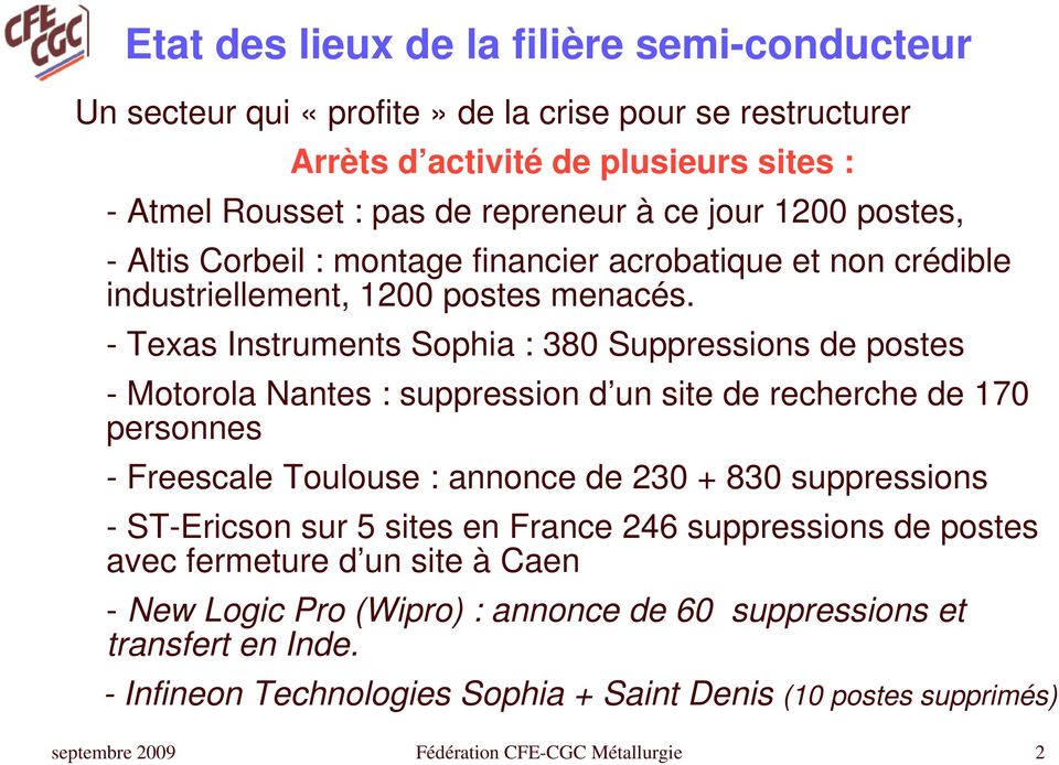 - Texas Instruments Sophia : 380 Suppressions de postes - Motorola Nantes : suppression d un site de recherche de 170 personnes - Freescale Toulouse : annonce de 230 + 830 suppressions -