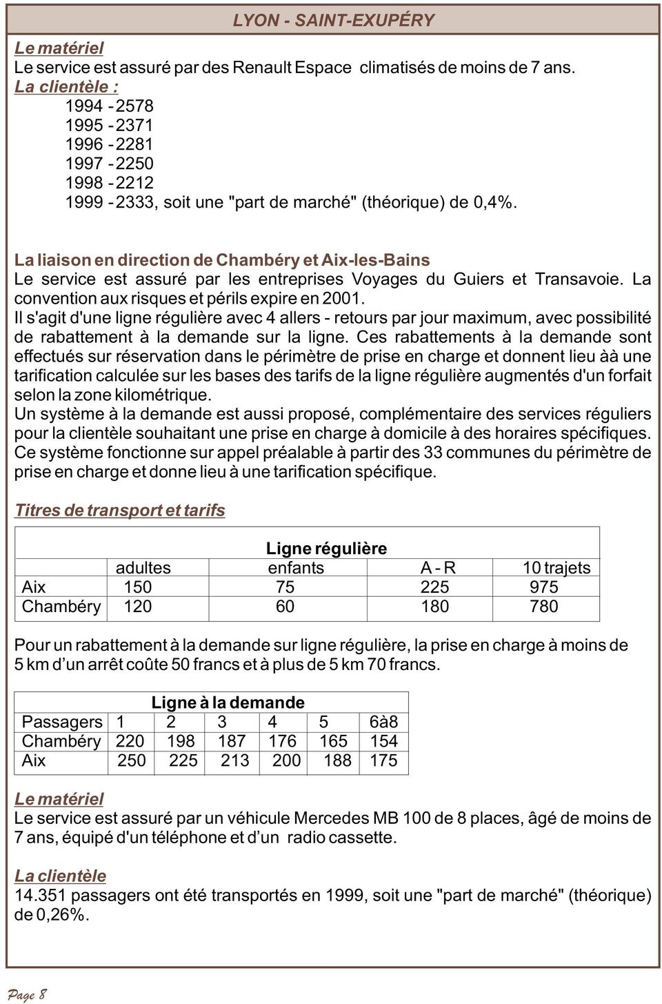 La liaison en direction de Chambéry et Aix-les-Bains Le service est assuré par les entreprises Voyages du Guiers et Transavoie. La convention aux risques et périls expire en 2001.