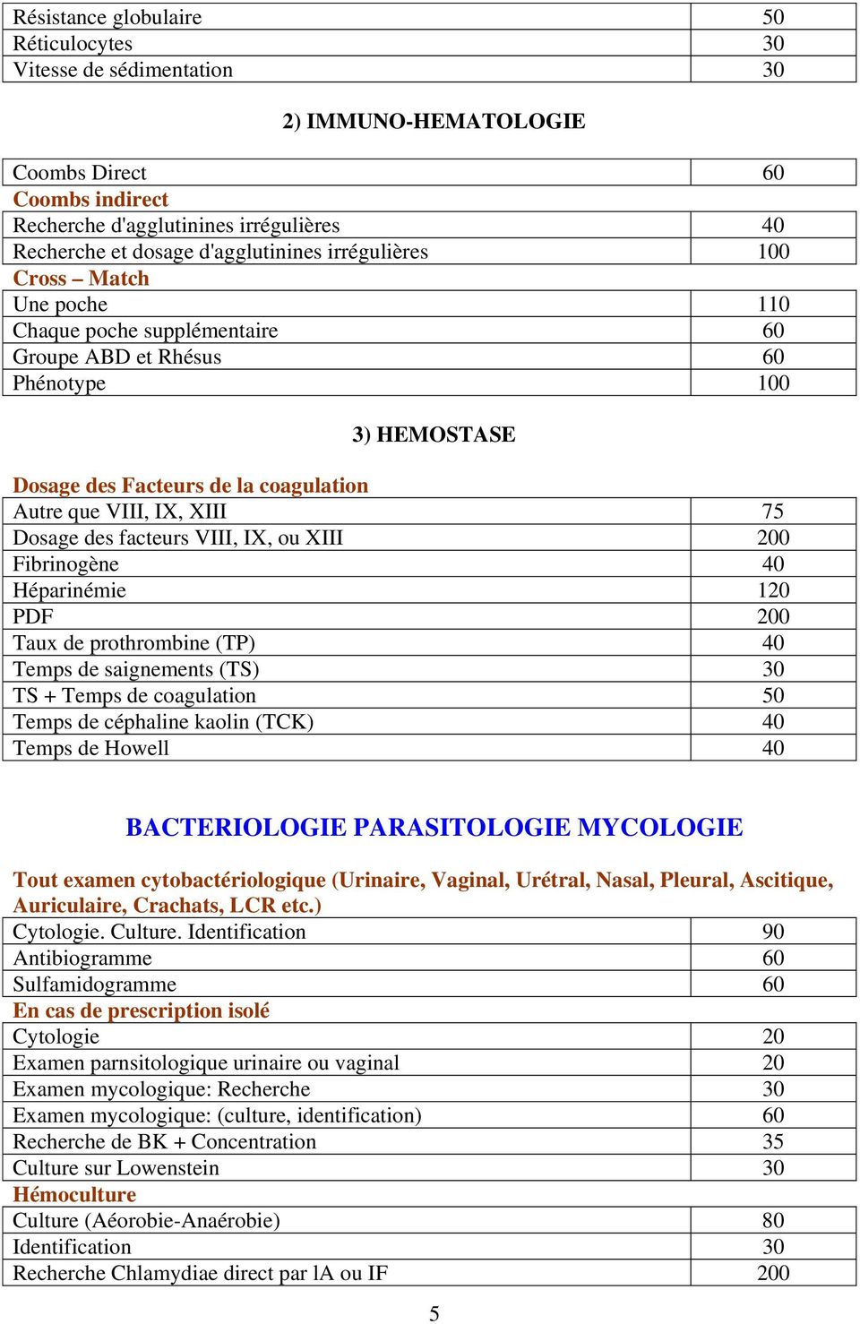 XIII 75 Dosage des facteurs VIII, IX, ou XIII 200 Fibrinogène 40 Héparinémie 120 PDF 200 Taux de prothrombine (TP) 40 Temps de saignements (TS) 30 TS + Temps de coagulation 50 Temps de céphaline