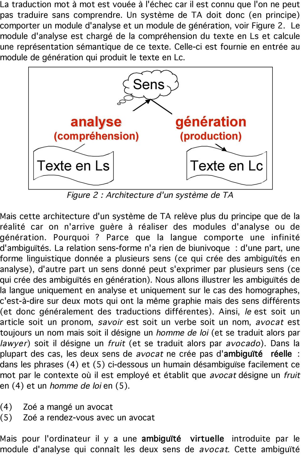 Le module d'analyse est chargé de la compréhension du texte en Ls et calcule une représentation sémantique de ce texte.