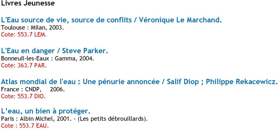 Atlas mondial de l'eau : Une pénurie annoncée / Salif Diop ; Philippe Rekacewicz. France : CNDP, 2006.
