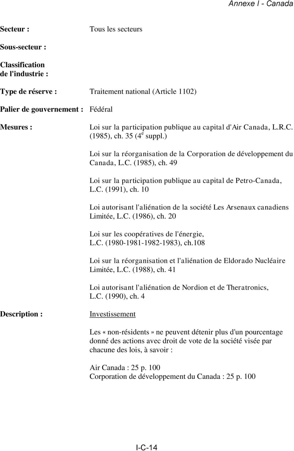 10 Loi autorisant l'aliénation de la société Les Arsenaux canadiens Limitée, L.C. (1986), ch. 20 Loi sur les coopératives de l'énergie, L.C. (1980-1981-1982-1983), ch.