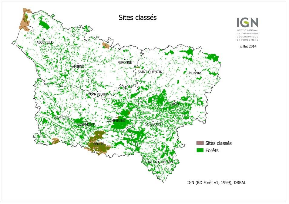 Cartes des forêts incluses dans des espaces de conservation (source DREAL Picardie) Les espaces à enjeu de protection, conservation et de connaissance des milieux, des espèces et des paysages sont