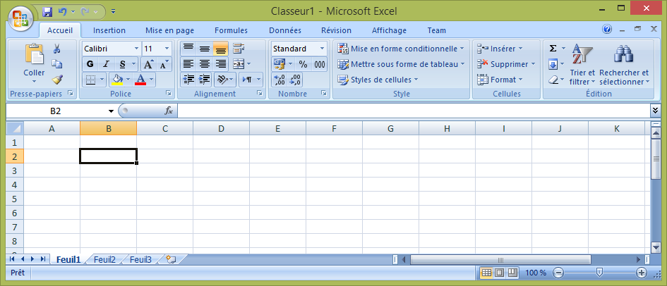 V. Microsoft Excel 2007 1- Démarrer avec Excel : Découvrir l interface Microsoft Excel 2007 : 1 2 9 3 8 6 7 4 5 1- Barre de titre : affiche le nom de votre classeur (un fichier ou un document Excel