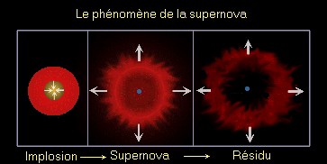 Trous Noirs Stellaires Naissance : Après une supernova de type II : Lorsqu une étoile massive ( M init > 25M ) à transformé tout son gaz (hydrogène hélium carbone, fer), les réactions